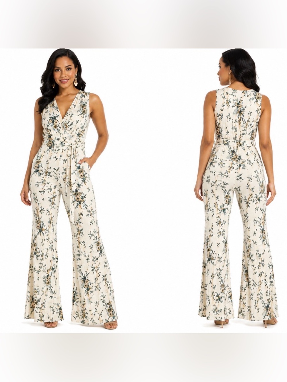 Laurie Felt Cream Floral Wrap Wide-Leg Jumpsuit